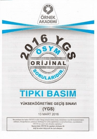 2016 YGS ÖSYM Tıpkı Basım Soru Kitapçığı