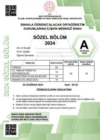 2024 LGS Tıpkıbasım Sözel Bölüm A Kitapçık Türü