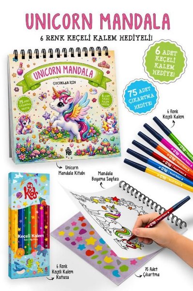 Çocuklar İçin Unicorn Mandala - 6 Renk Keçeli Kalem ve 75 Adet Çıkartma Hediye! 3+