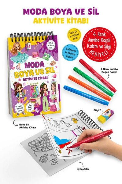 Moda Boya ve Sil Aktivite Kitabı - 4 Renk Jumbo Keçeli Kalem ve Silgi 