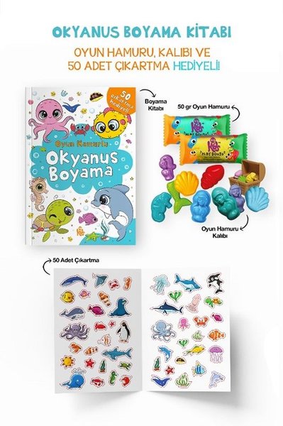 Okyanus Boyama Kitabı - Oyun Hamuru Kalıbı ve 50 Adet Çıkartma Hediyeli 3 + Yaş