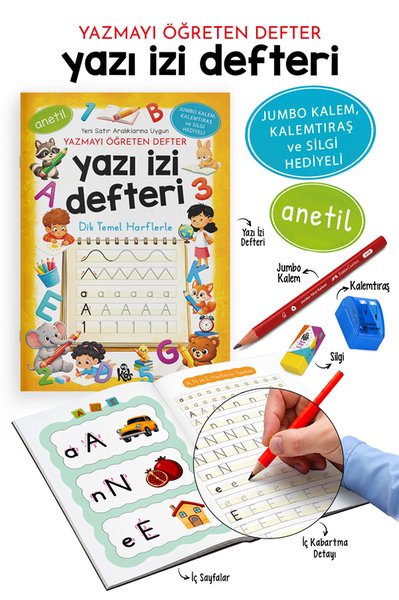 Yazı İzi Defteri - Yazmayı Öğreten Defter - Jumbo Kalem Kalemtıraş ve 